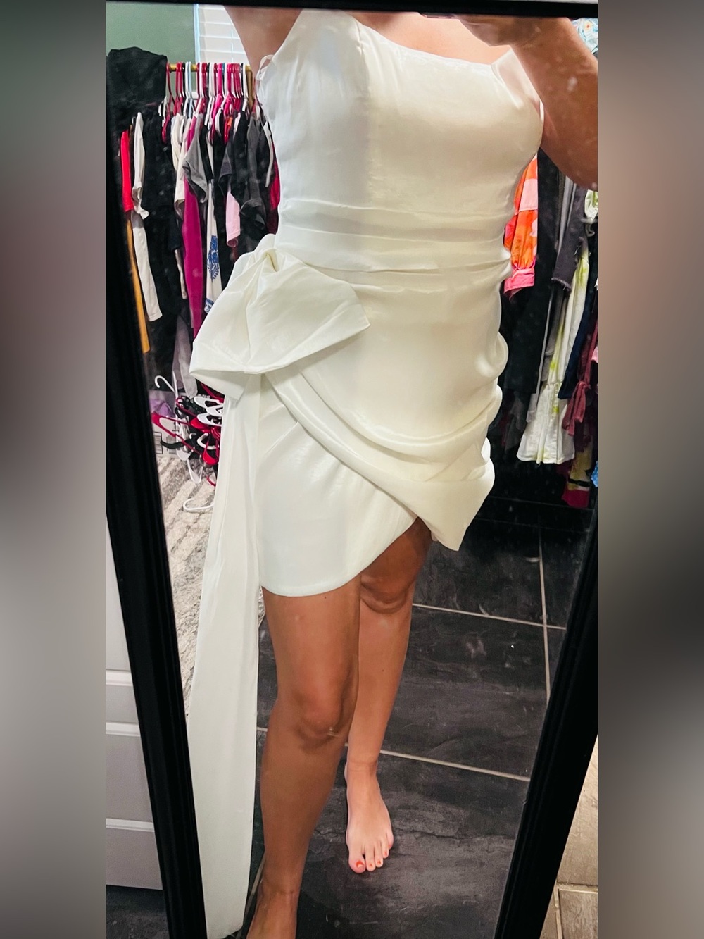 B Darlin White Strapless Mini Dress with Draped Side Bow